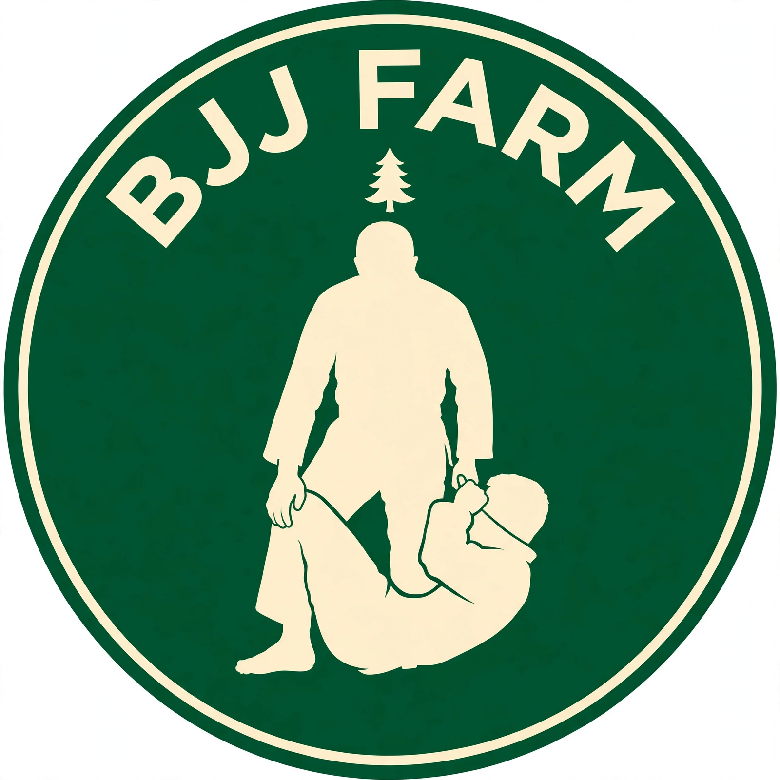 BJJ Farm badge — heel hook under the pine