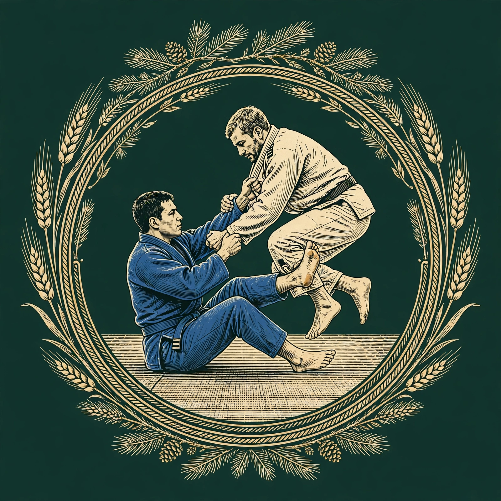 Butterfly guard artwork — seated guard player with both hooks in, elevating a kneeling opponent