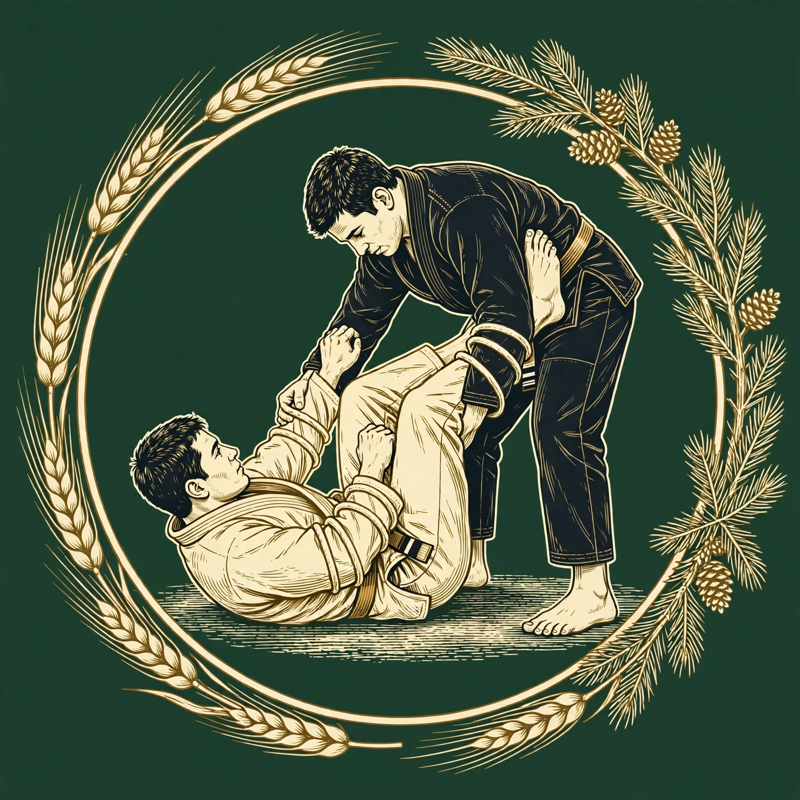 Lasso guard artwork — guard player with one leg wrapped around the standing opponent's arm, gripping the sleeve