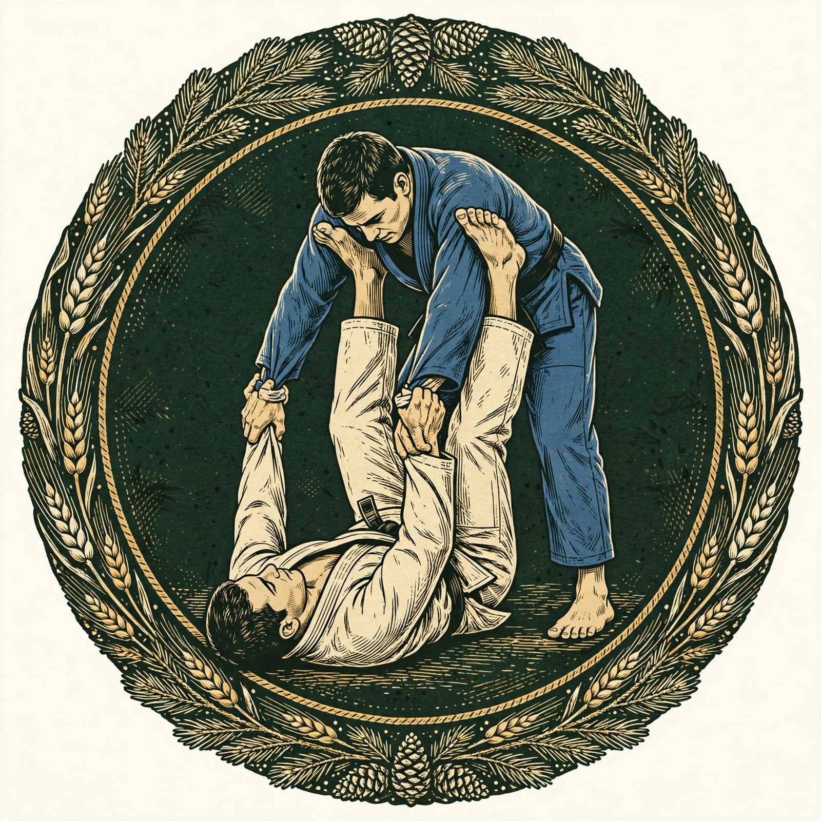 Spider guard artwork — guard player with both feet on the standing opponent's biceps, gripping both sleeves