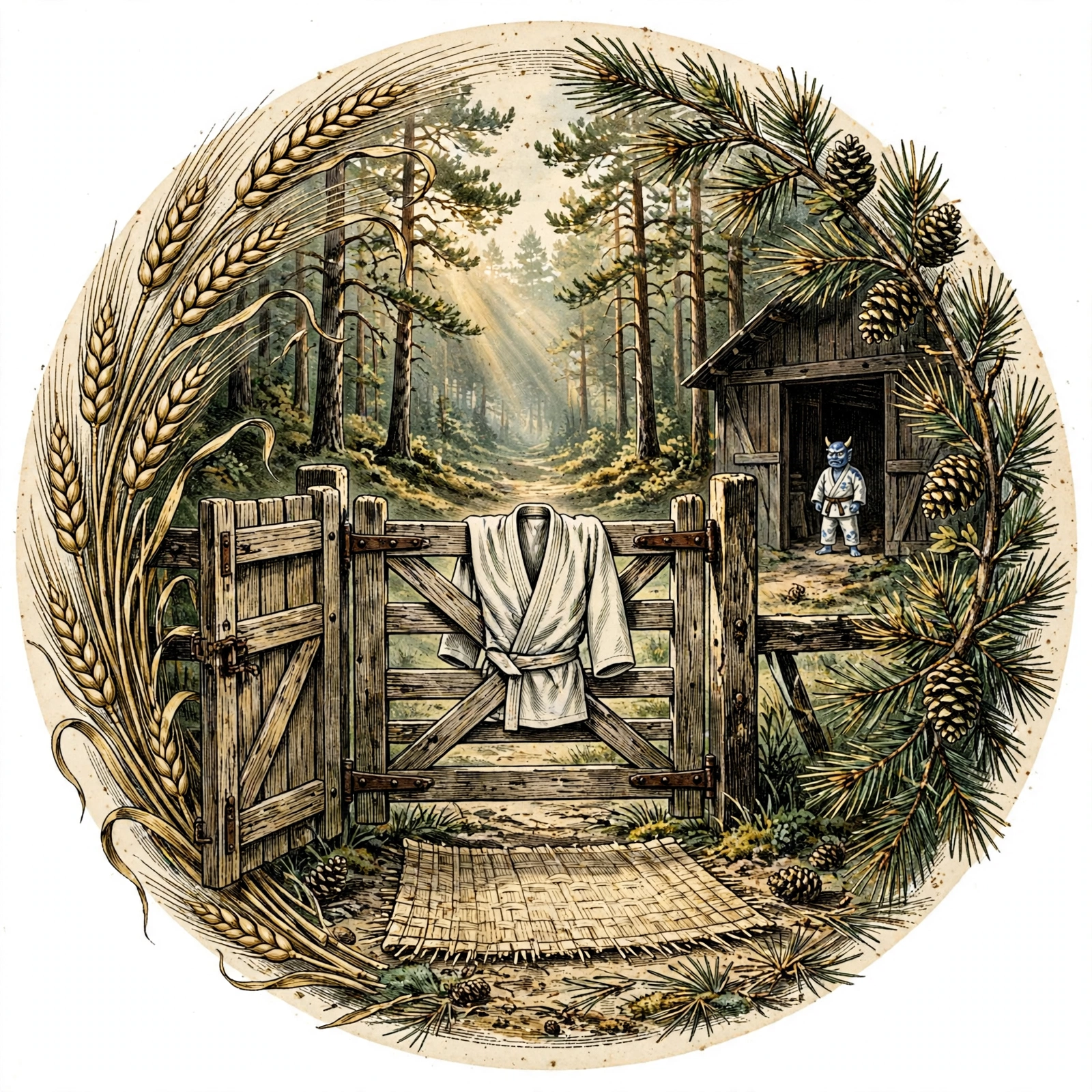 Fresh In artwork — farm gate opening onto a mat in a pine clearing, fresh gi draped over the gate