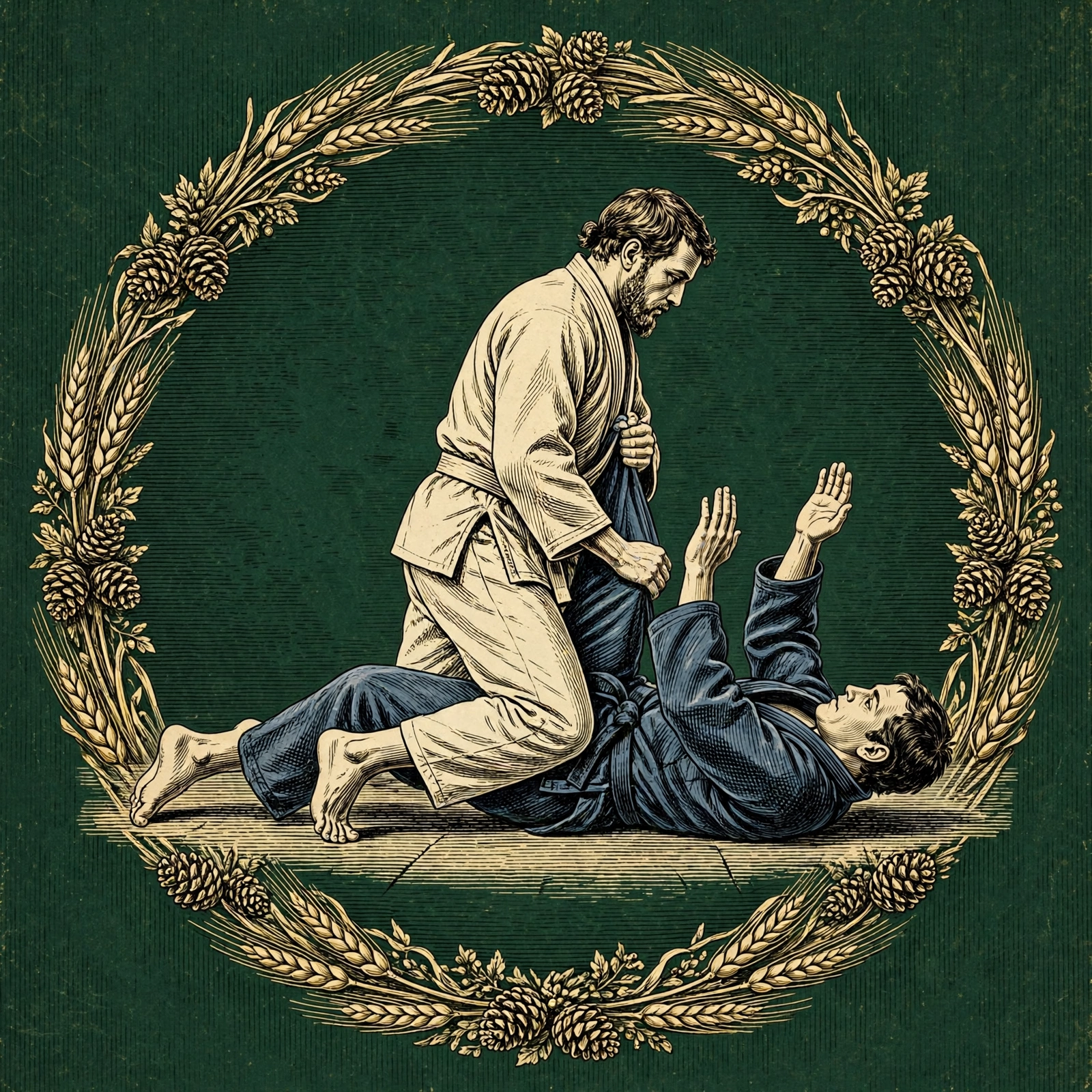 Knee on belly artwork — knee driven into the belly, leg posted wide