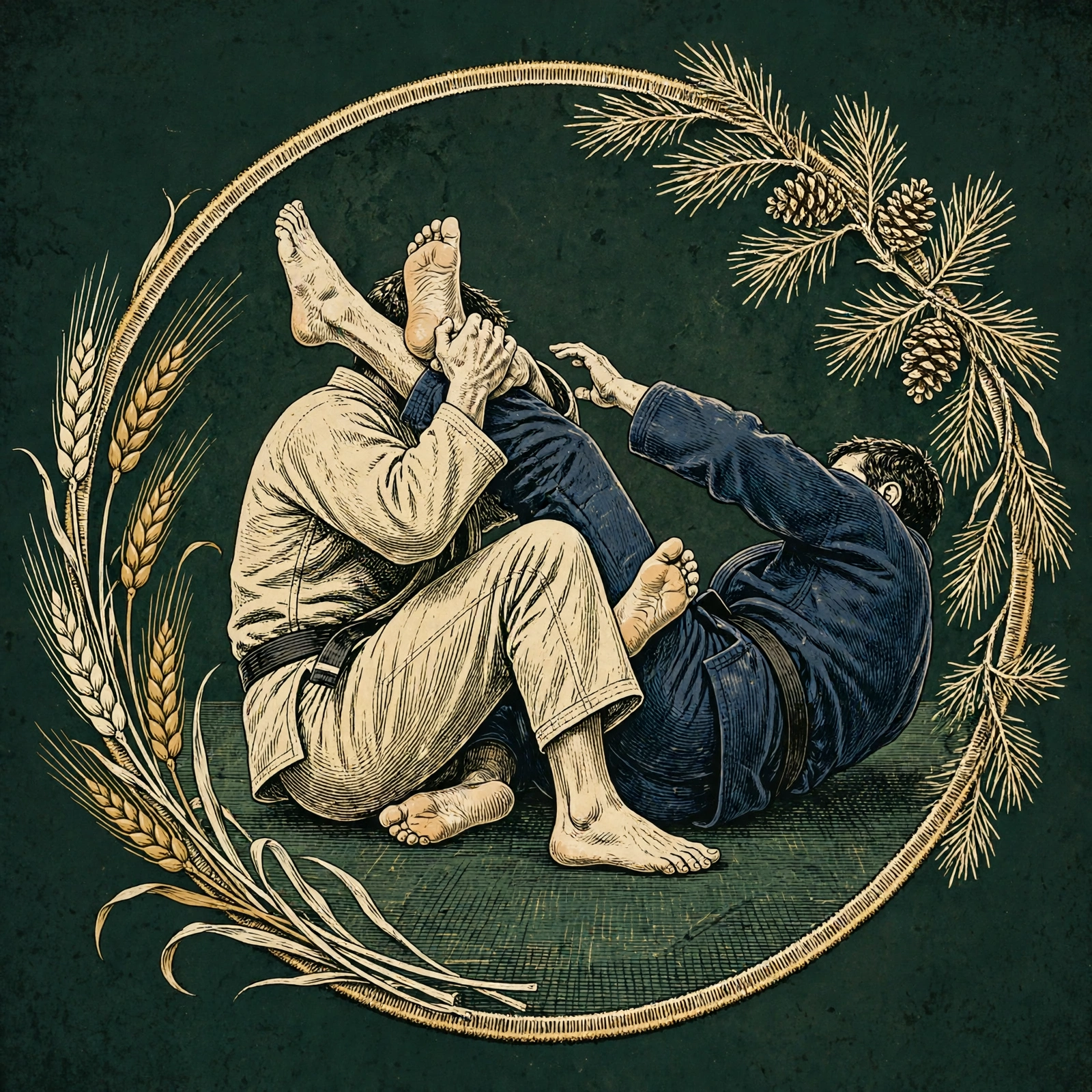 Leg entanglements artwork — heel hook control, legs intertwined